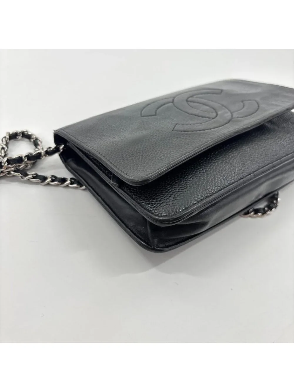 Chanel Super Caviar Leather Chain Wallet Black CC Logo Shoulder